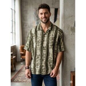 Mench Platinum Italy Men Olive Beige Geometric Short Sleeve Button-Up Shirt 2XLT